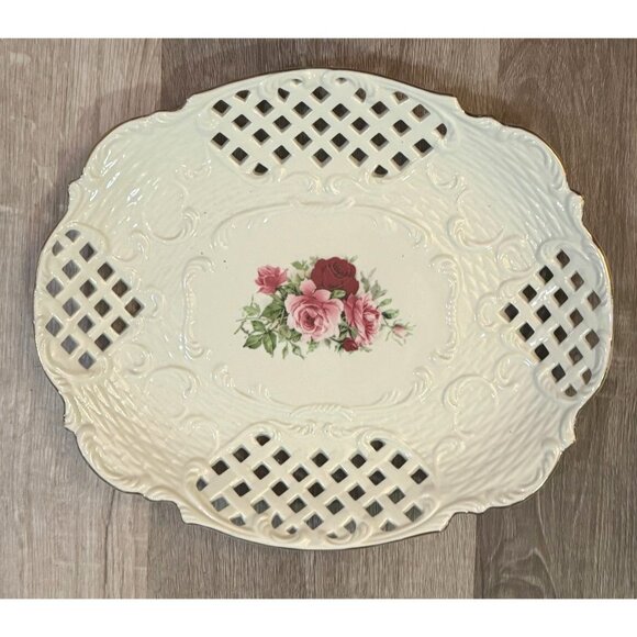 Set Of 3 Vintage Floral Porcelain Plates With Intricate Cutout Design & Pink Ros - Picture 5 of 16